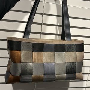 Harveys Seatbelt Purse Black Brown Double Strap Basketweave Tote Hand Bag